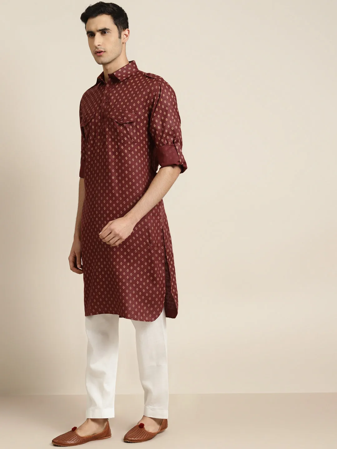 Men's Cotton Blend Maroon Pathani Kurta With Salwar Set - Sojanya