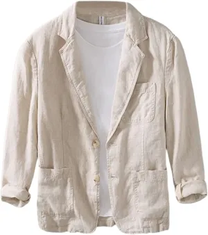 Men's Linen Blazer Lightweight Suit Jackets Two Buttons Casual Sport Coat