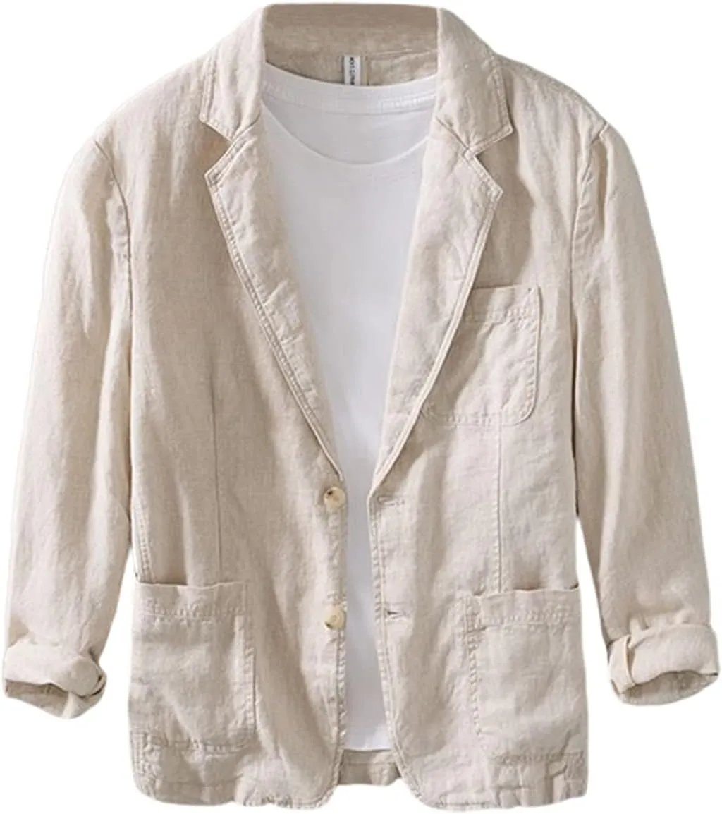Men's Linen Blazer Lightweight Suit Jackets Two Buttons Casual Sport Coat