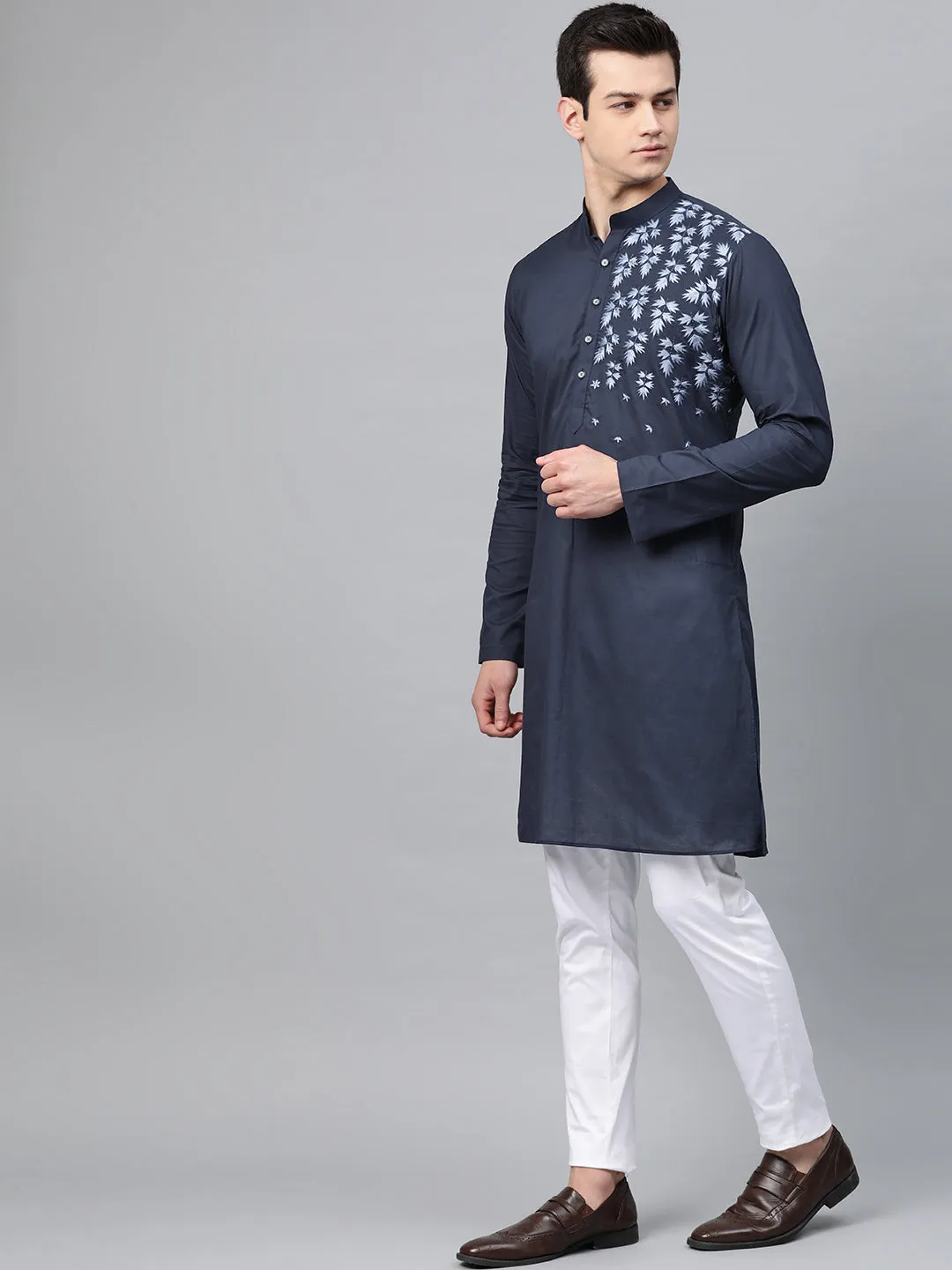 Men's Navy Blue Embroidered Straight Kurta - See Designs