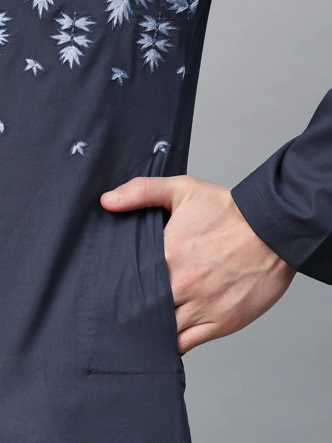 Men's Navy Blue Embroidered Straight Kurta - See Designs