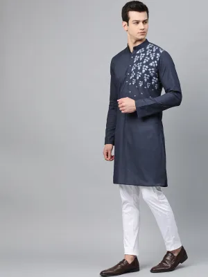 Men's Navy Blue Embroidered Straight Kurta - See Designs