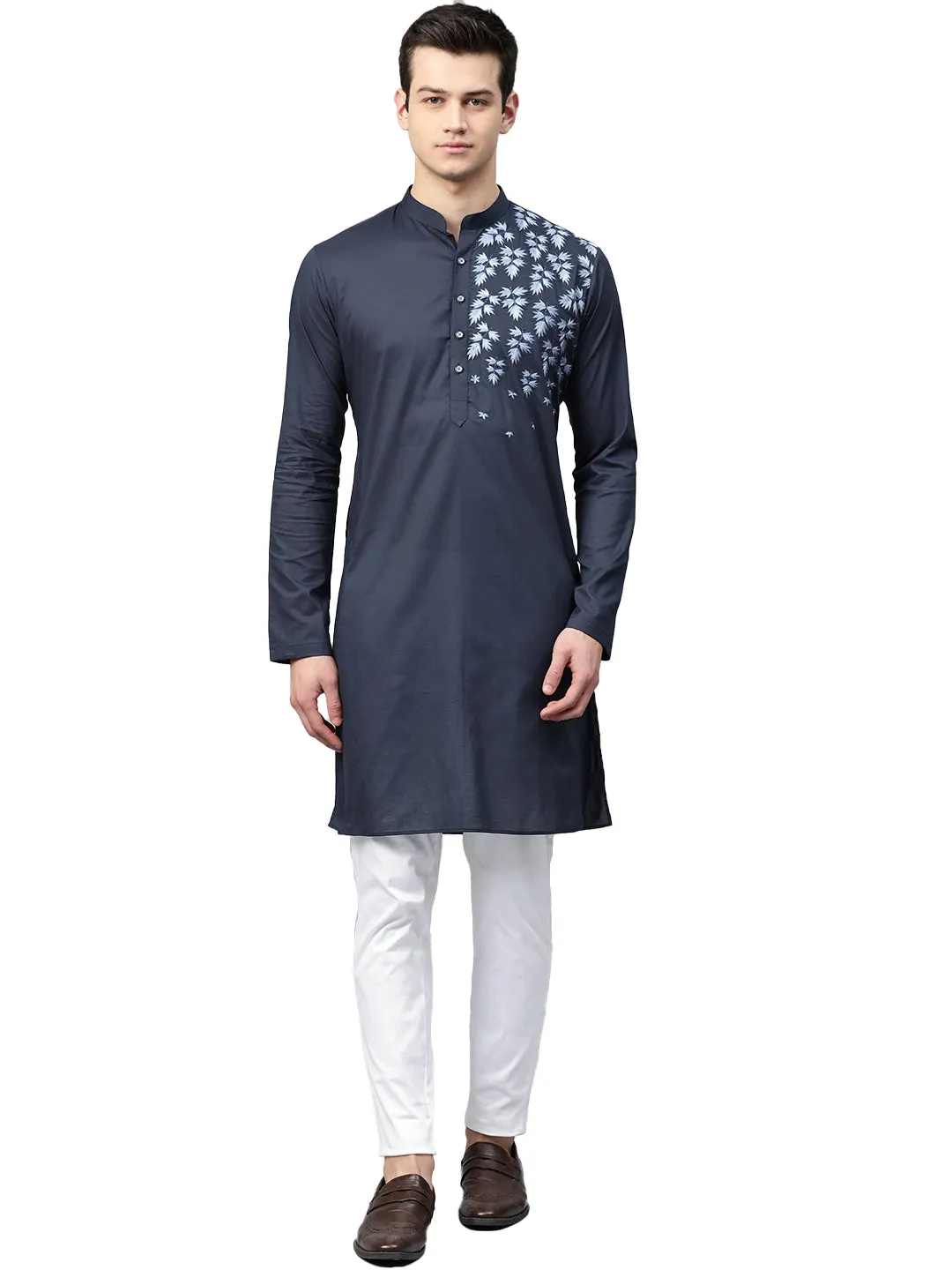 Men's Navy Blue Embroidered Straight Kurta - See Designs
