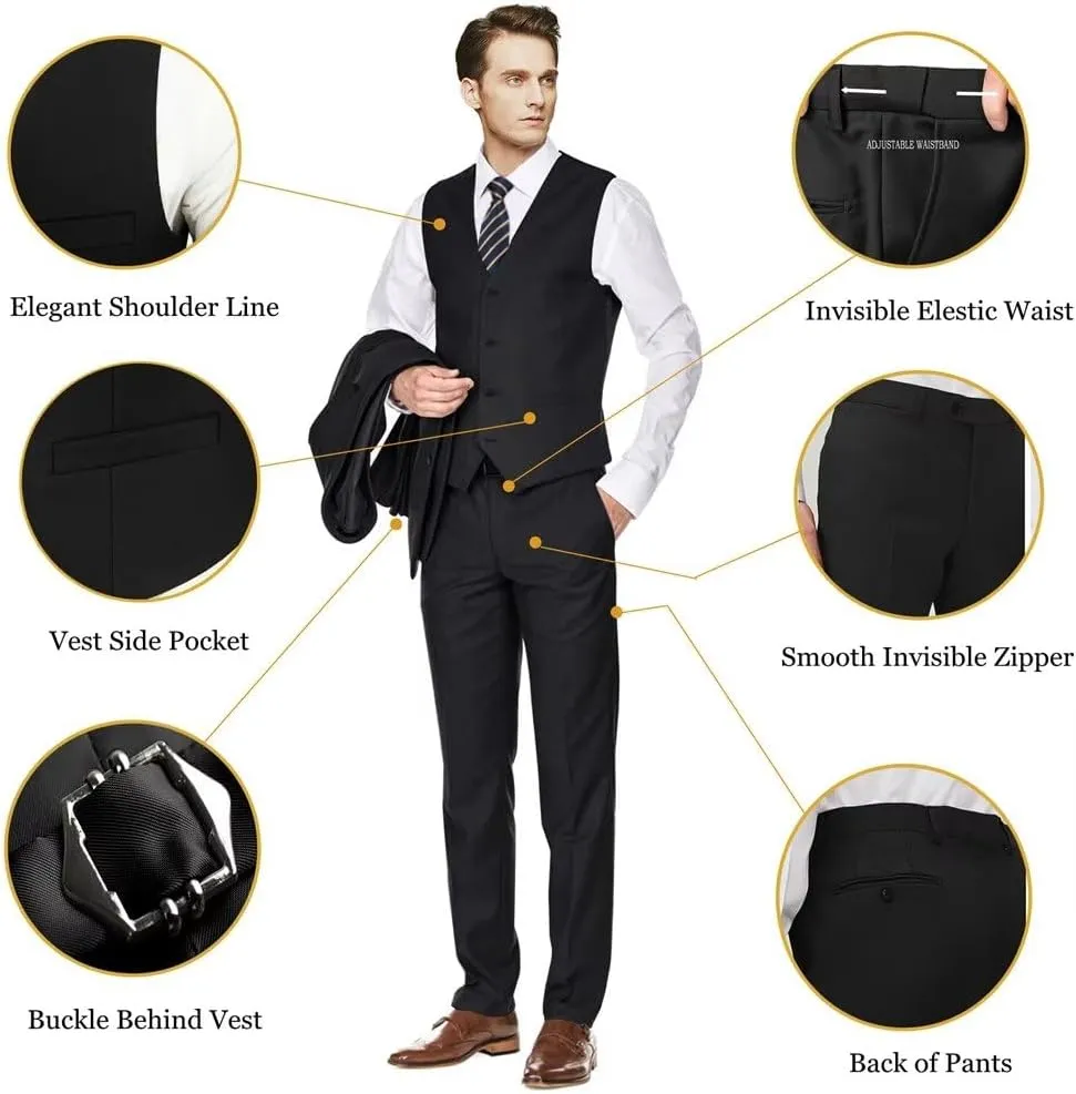 Men's Slim Fit 3 Piece Suit Two Button Business Wedding Dress Tux Suit Set Jacket Vest Pants with Tie