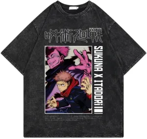 Men's Vintage Wash Anime Pattern Shirt Summer Casual Hip Hop T-Shirt Street Clothing Harajuku Top T-Shirt Y2K Top