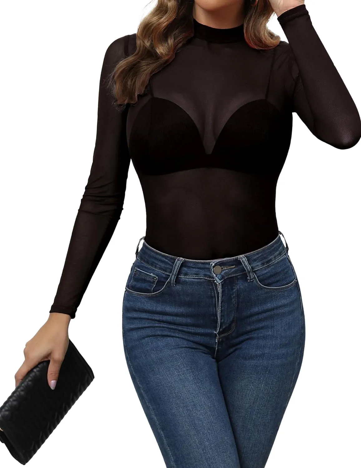 Mesh Top for Women Long Sleeve Mock Neck Mesh Shirt Sheer Top Solid Floral Tee Shirts S-XXL