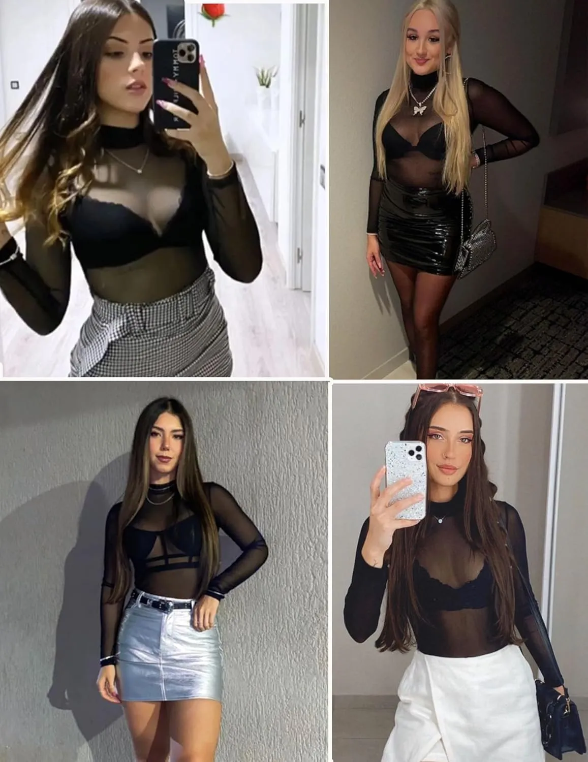 Mesh Top for Women Long Sleeve Mock Neck Mesh Shirt Sheer Top Solid Floral Tee Shirts S-XXL