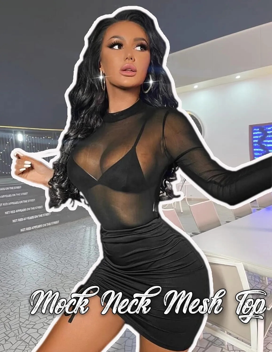 Mesh Top for Women Long Sleeve Mock Neck Mesh Shirt Sheer Top Solid Floral Tee Shirts S-XXL
