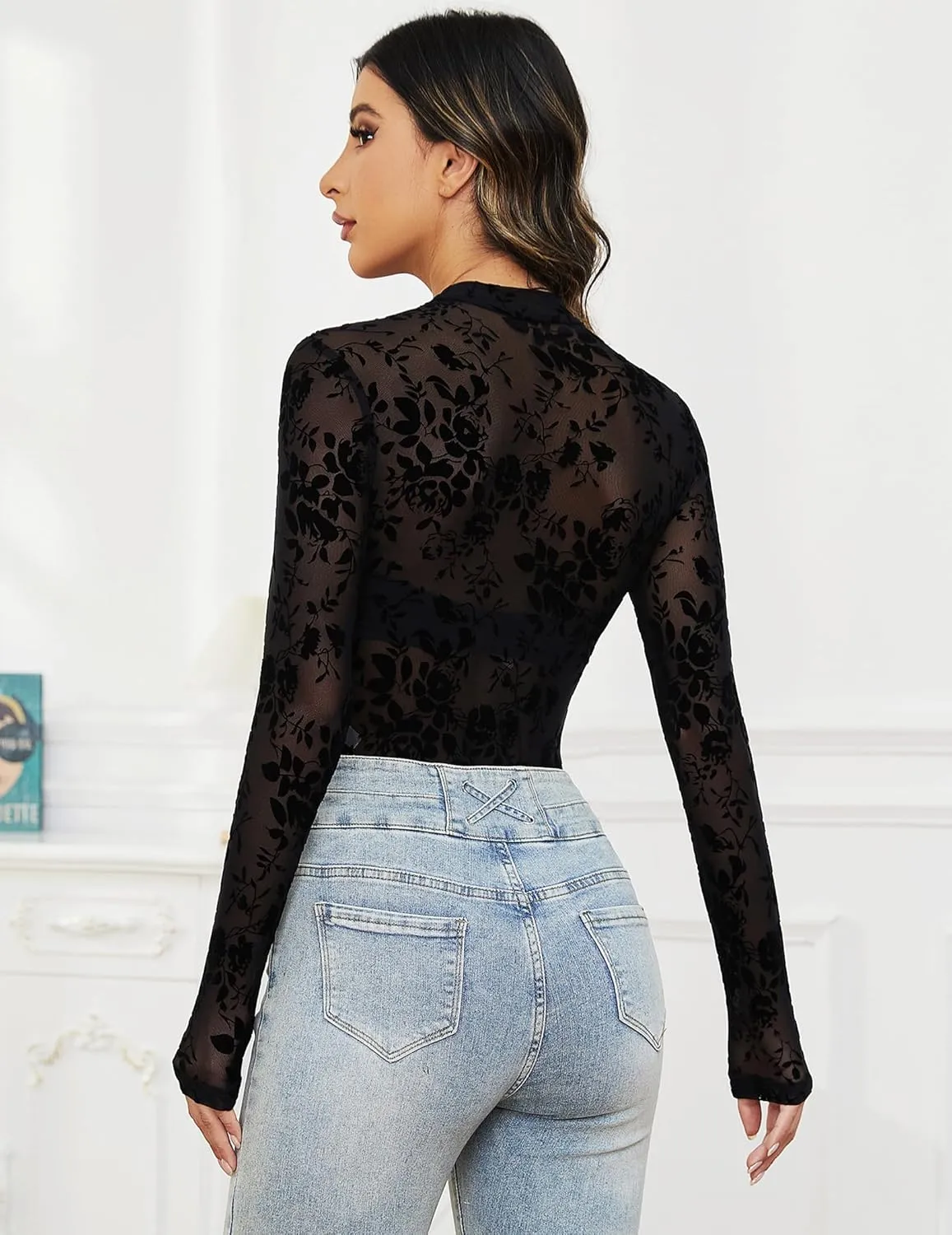 Mesh Top for Women Long Sleeve Mock Neck Mesh Shirt Sheer Top Solid Floral Tee Shirts S-XXL