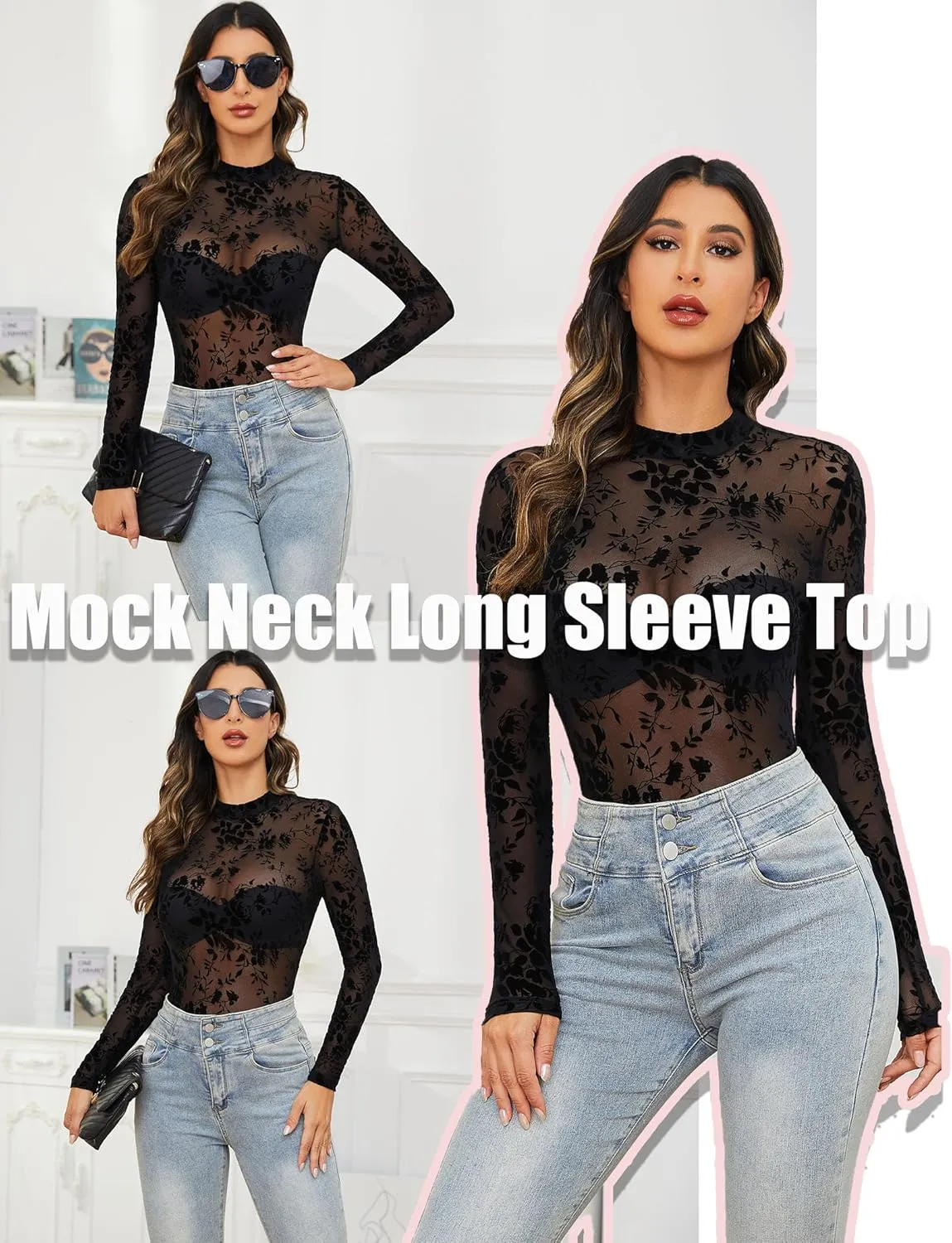 Mesh Top for Women Long Sleeve Mock Neck Mesh Shirt Sheer Top Solid Floral Tee Shirts S-XXL