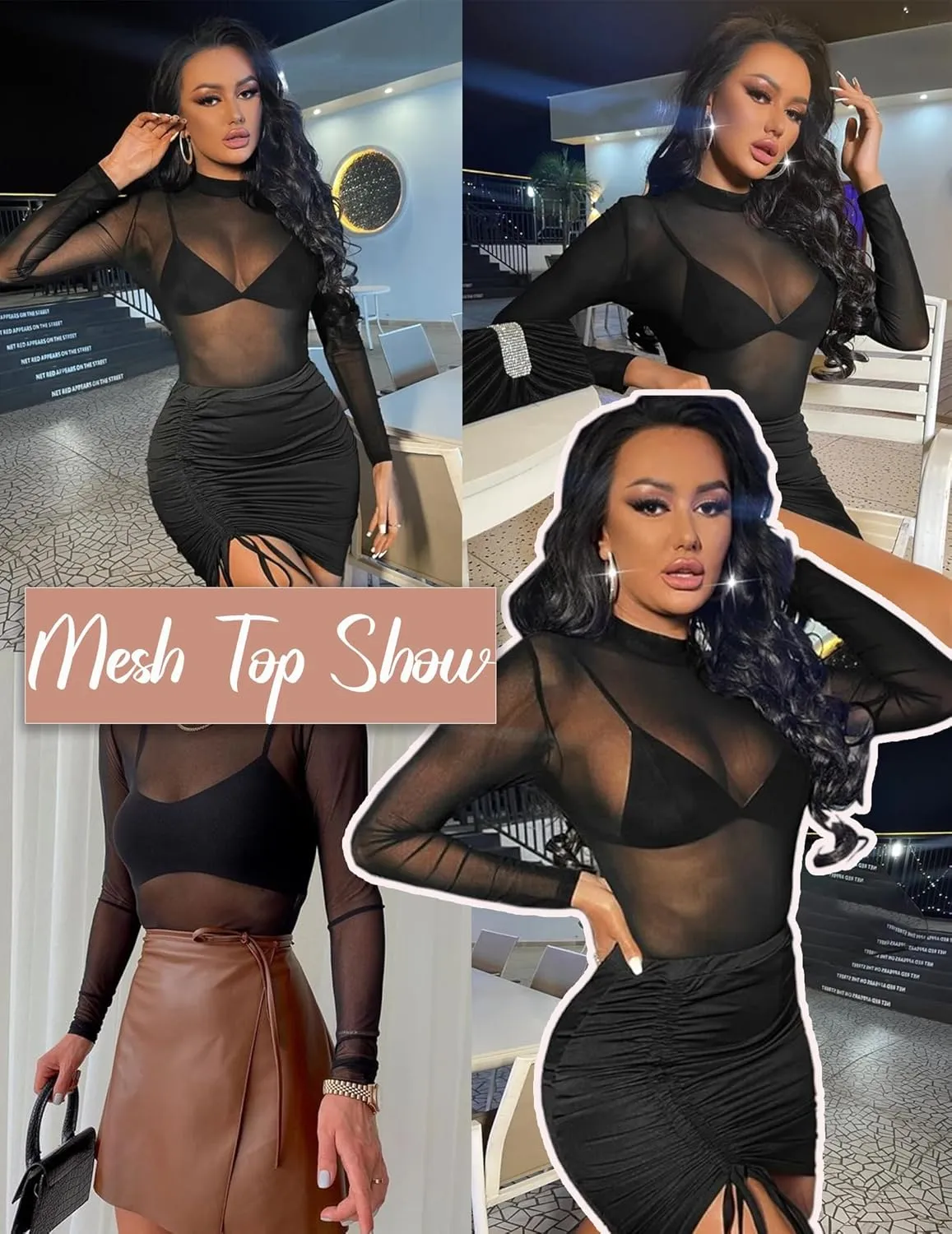 Mesh Top for Women Long Sleeve Mock Neck Mesh Shirt Sheer Top Solid Floral Tee Shirts S-XXL