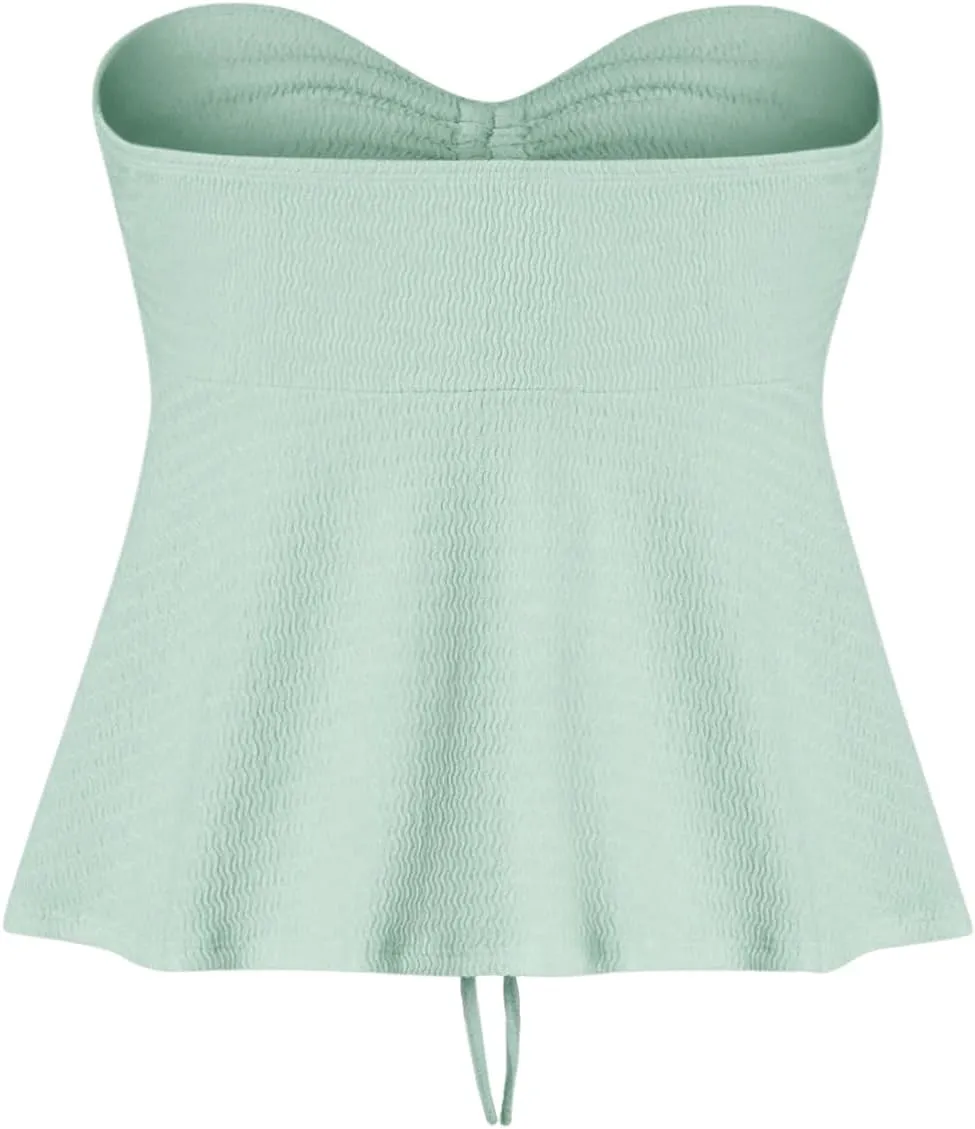 Milumia Women Tie Front Ruched Tube Top Strapless Flared Hem Peplum Bandeau Tops