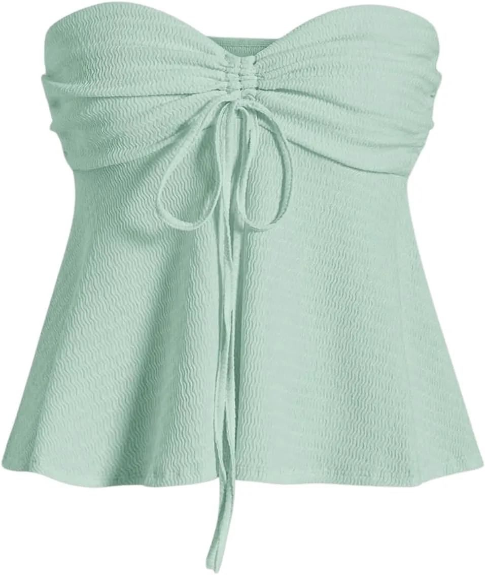 Milumia Women Tie Front Ruched Tube Top Strapless Flared Hem Peplum Bandeau Tops