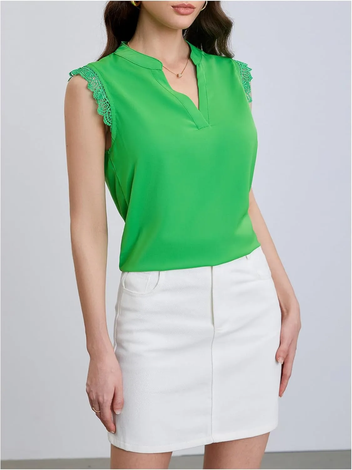 Milumia Women's Elegant Notch V Neck Sleeveless Blouse Guipure Lace Work Office Top