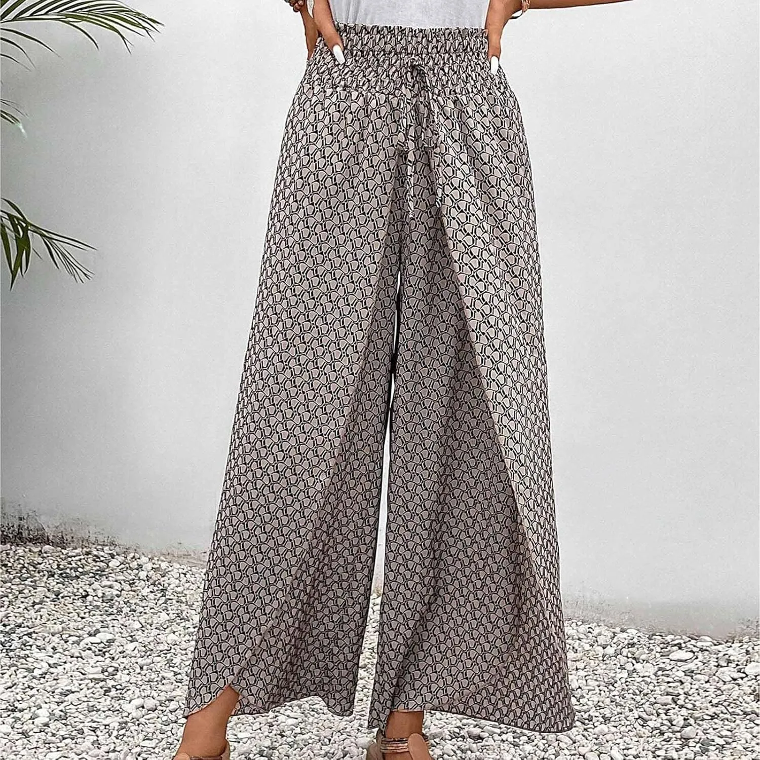 Palazzo Pants for Women Comfy Boho Summer Vacation Tulip Hem Culotte Pants Baggy Flowy Drawstring High Waisted Pants