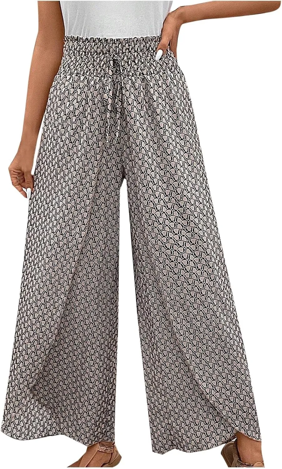 Palazzo Pants for Women Comfy Boho Summer Vacation Tulip Hem Culotte Pants Baggy Flowy Drawstring High Waisted Pants