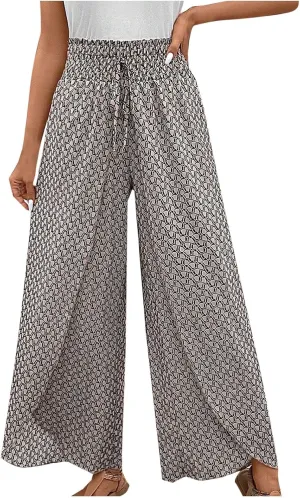Palazzo Pants for Women Comfy Boho Summer Vacation Tulip Hem Culotte Pants Baggy Flowy Drawstring High Waisted Pants