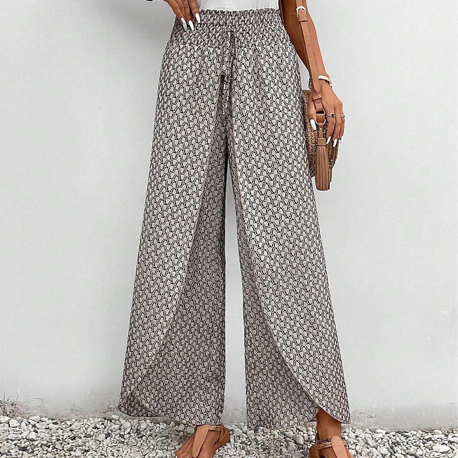 Palazzo Pants for Women Comfy Boho Summer Vacation Tulip Hem Culotte Pants Baggy Flowy Drawstring High Waisted Pants