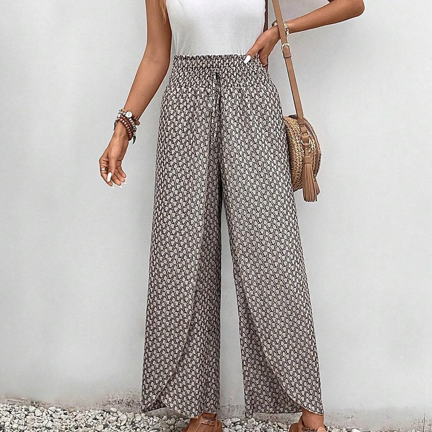 Palazzo Pants for Women Comfy Boho Summer Vacation Tulip Hem Culotte Pants Baggy Flowy Drawstring High Waisted Pants