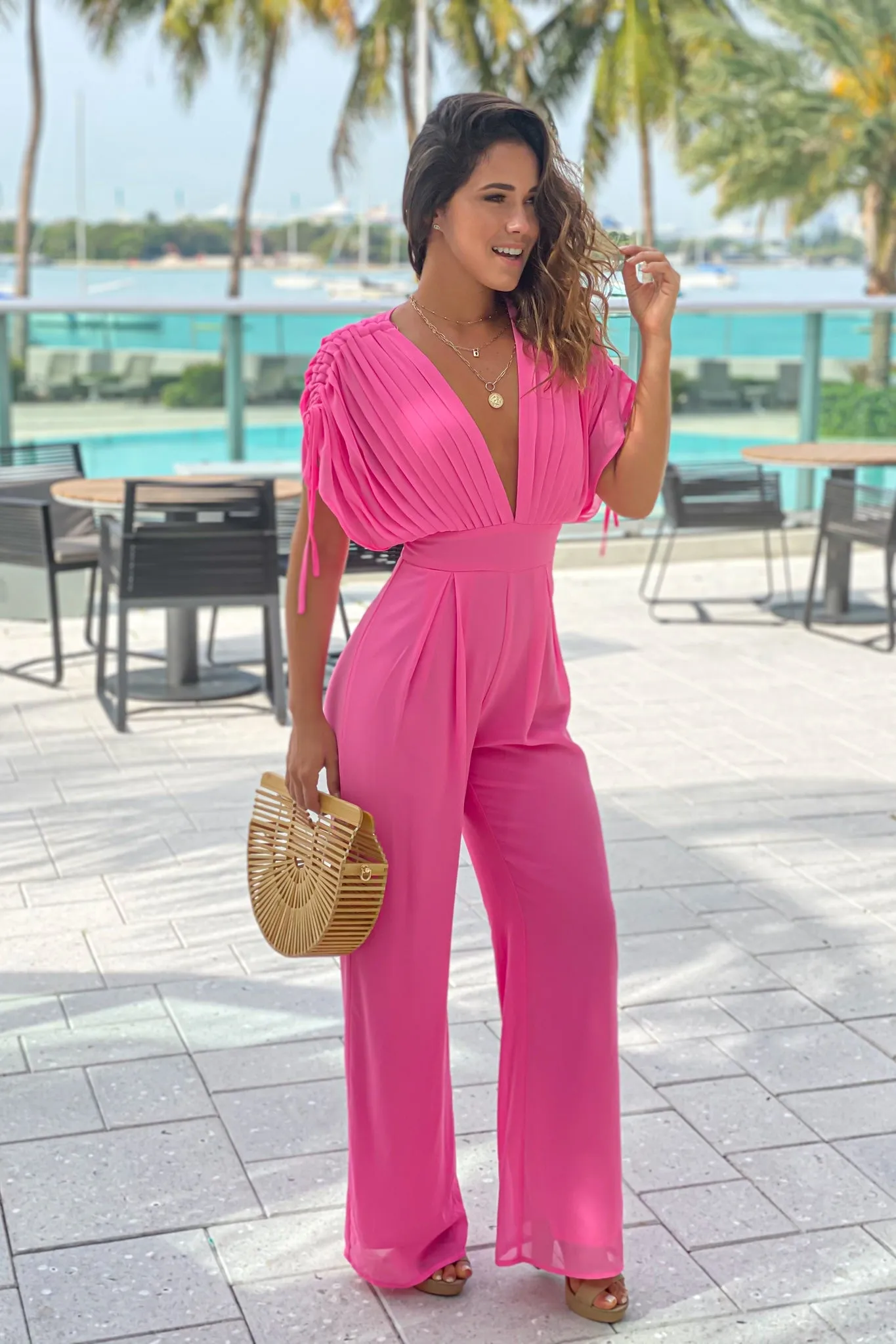 Pink Pleated Ruched Sleeves Jumpsuit