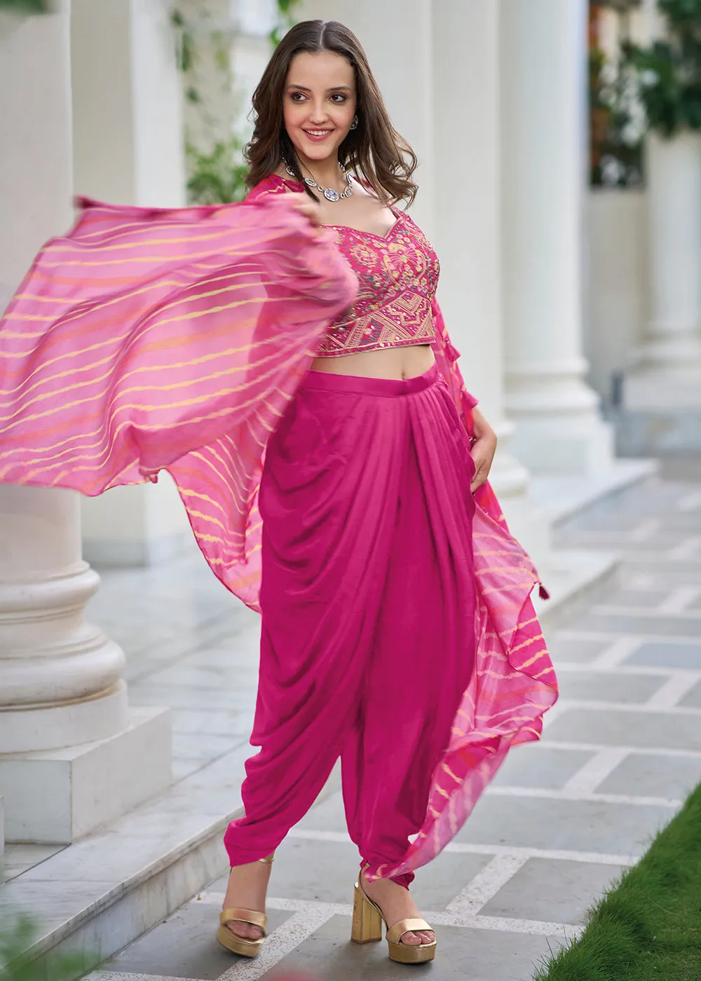 Pink Satin Silk Embroidered Dhoti Style Crop Top Suit