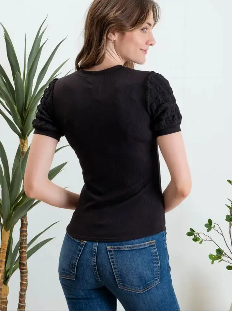 Popcorn Sleeve Knit Top in Black by Blu Pepper