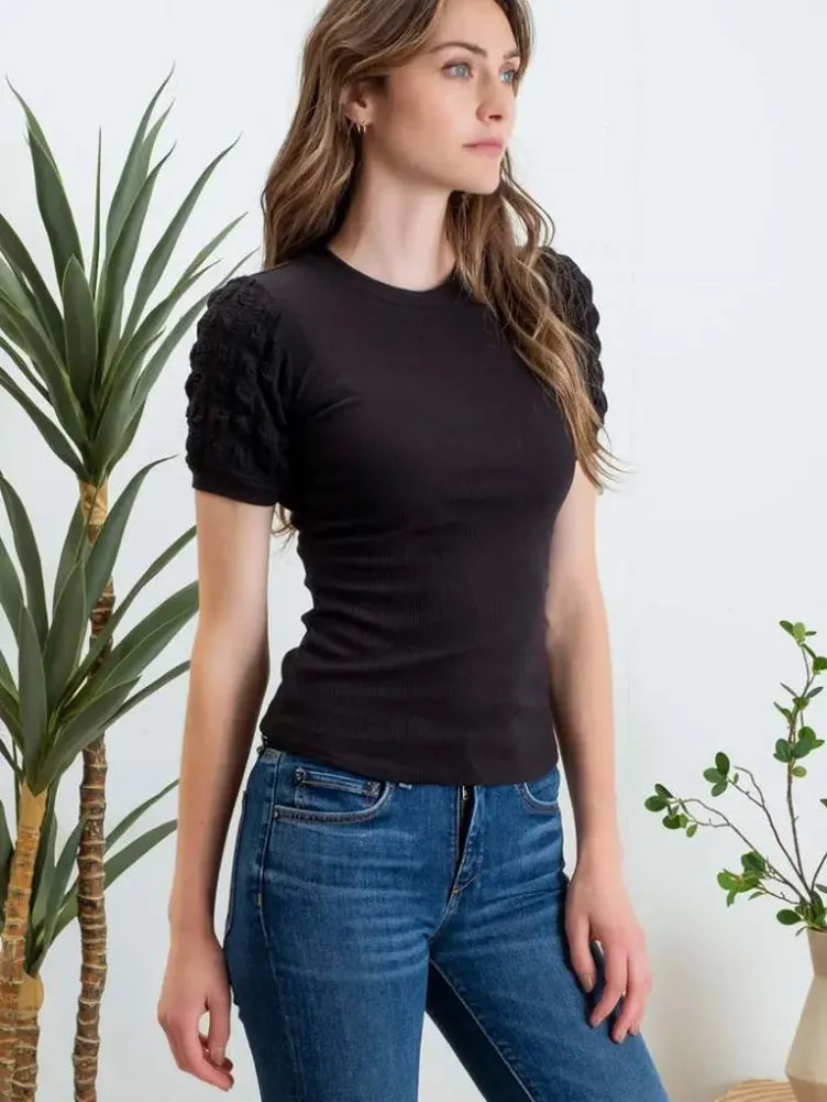 Popcorn Sleeve Knit Top in Black by Blu Pepper