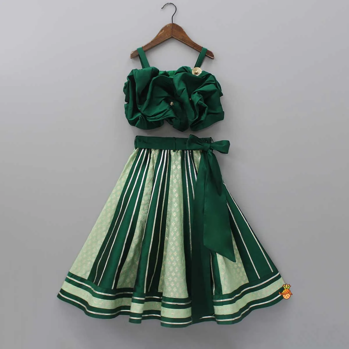 Pre Order: Puffy Gathered Yoke Green Top And Lehenga