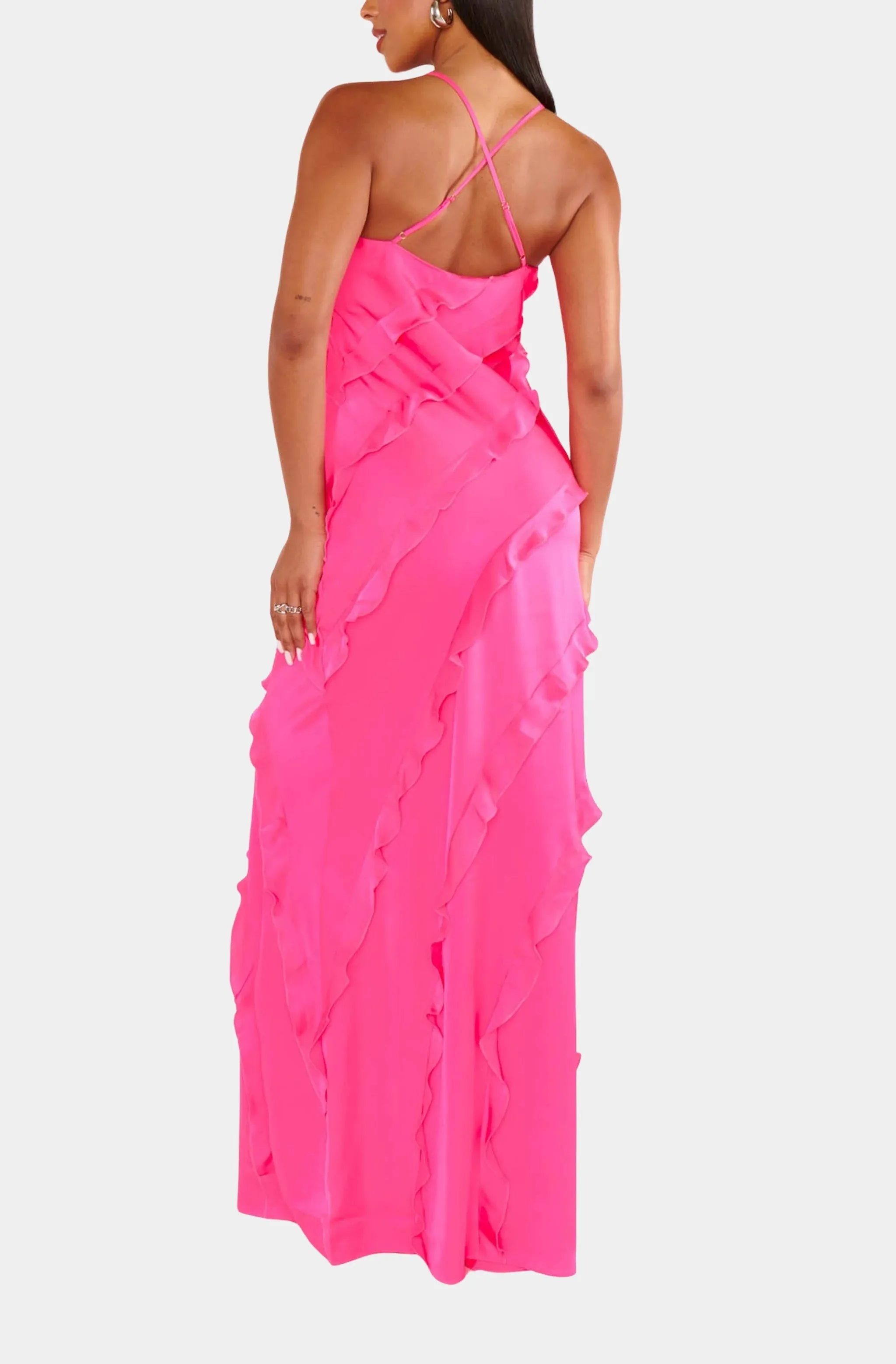 Romance Ruffle Dress-Pink Satin