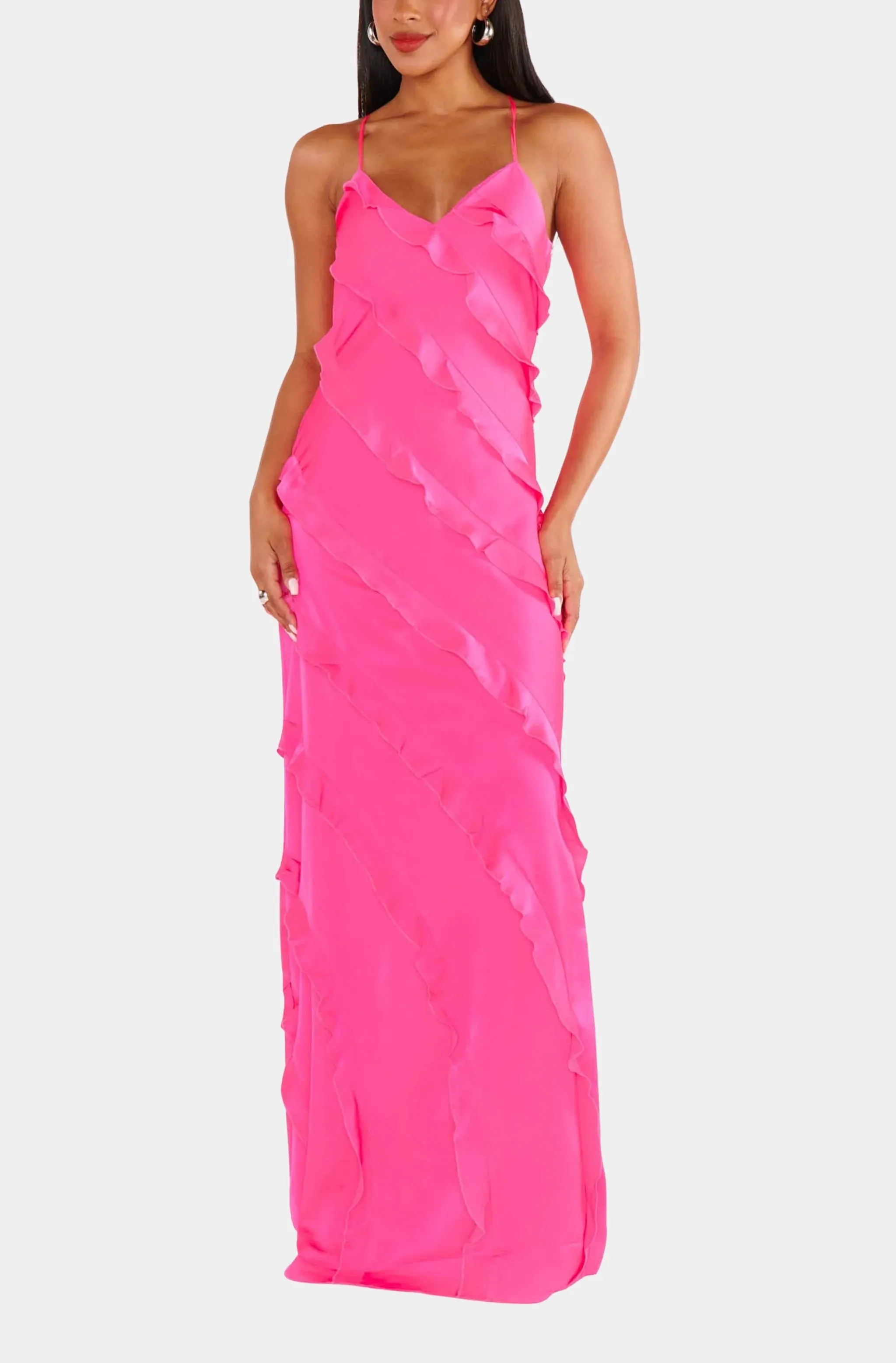 Romance Ruffle Dress-Pink Satin