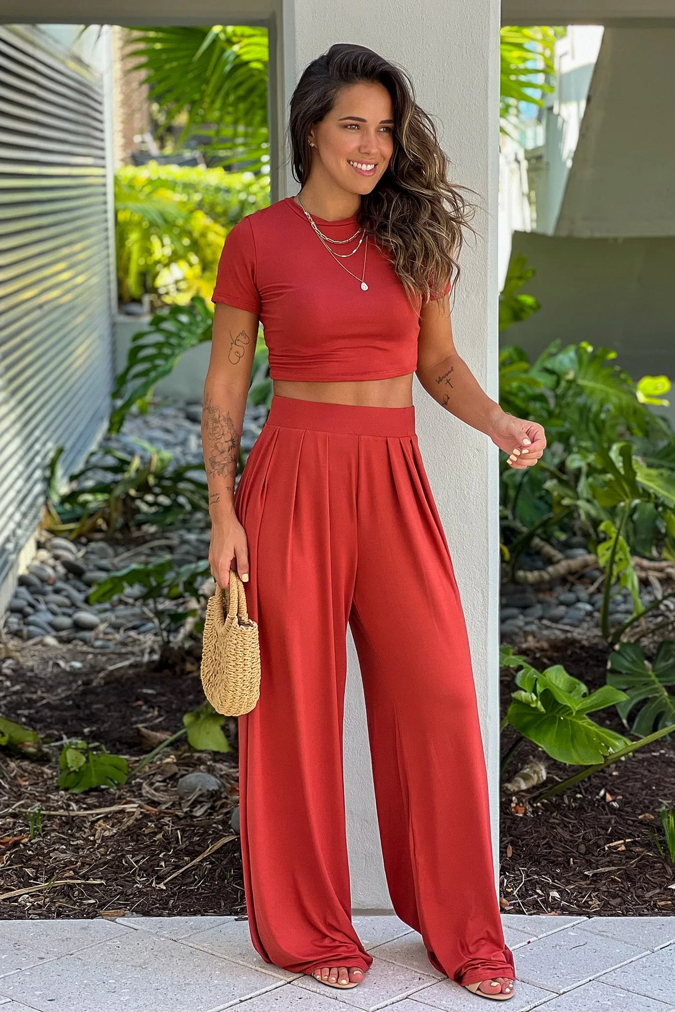 Rust Crop Top And Pants Set