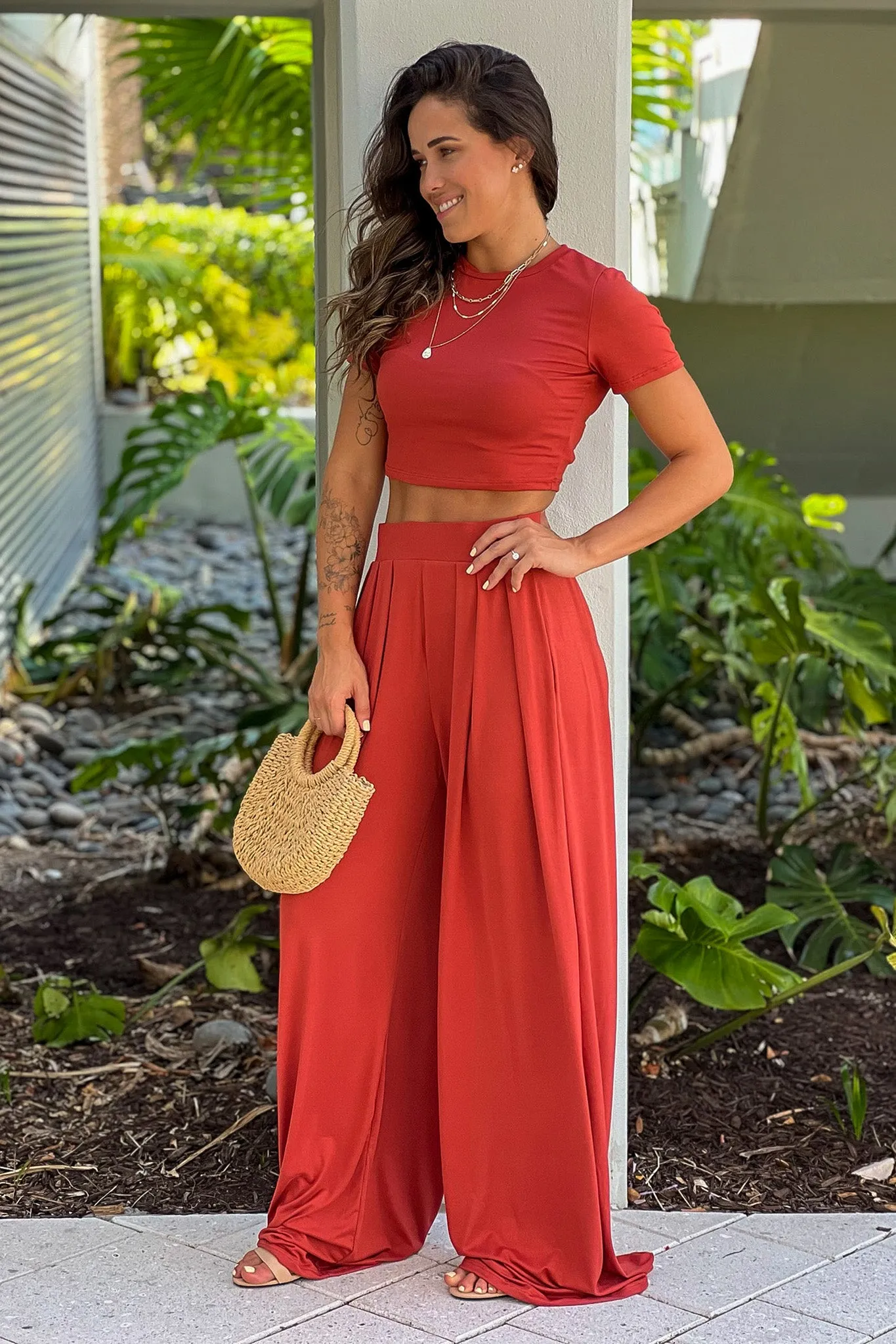 Rust Crop Top And Pants Set