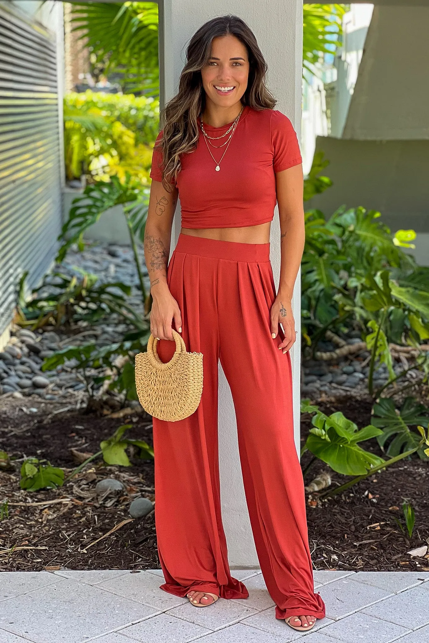 Rust Crop Top And Pants Set