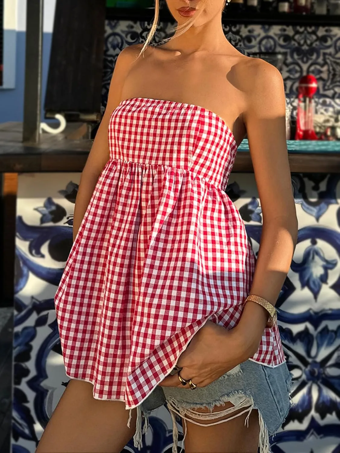 SHENHE Women's Ruffle Hem Bandeau Gingham Tube Top Smocked Peplum Flowy Babydoll Top Tank