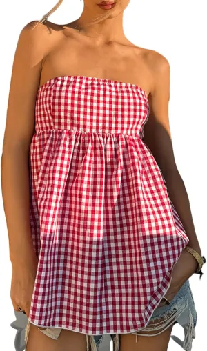 SHENHE Women's Ruffle Hem Bandeau Gingham Tube Top Smocked Peplum Flowy Babydoll Top Tank