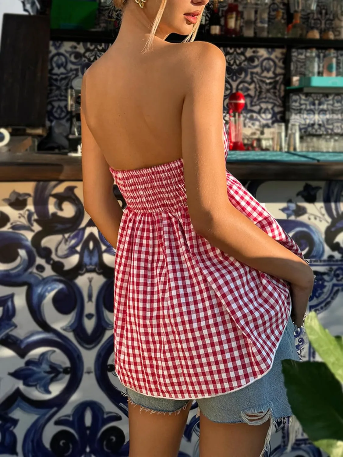 SHENHE Women's Ruffle Hem Bandeau Gingham Tube Top Smocked Peplum Flowy Babydoll Top Tank