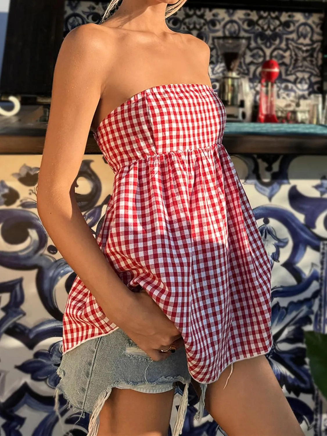 SHENHE Women's Ruffle Hem Bandeau Gingham Tube Top Smocked Peplum Flowy Babydoll Top Tank