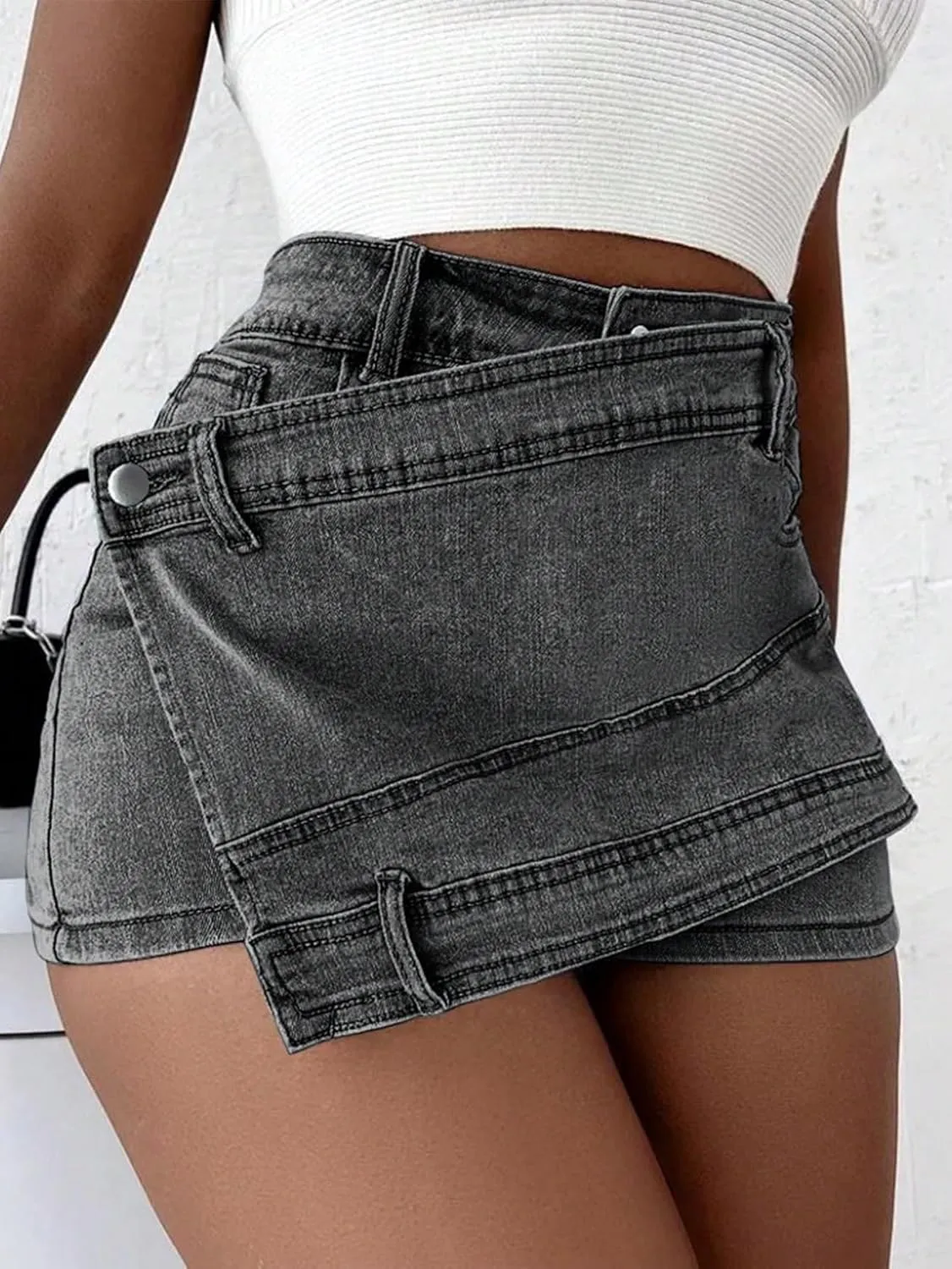 SHENHE Women's Vintage Mini Denim Skorts Wrap Overlay Irregular Stretchy Cargo Shorts