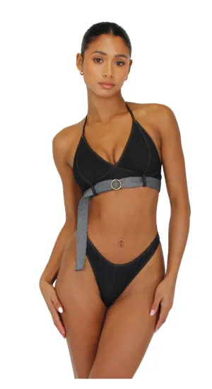 SIENNA HALTER BIKINI TOP - BLACK DENIM