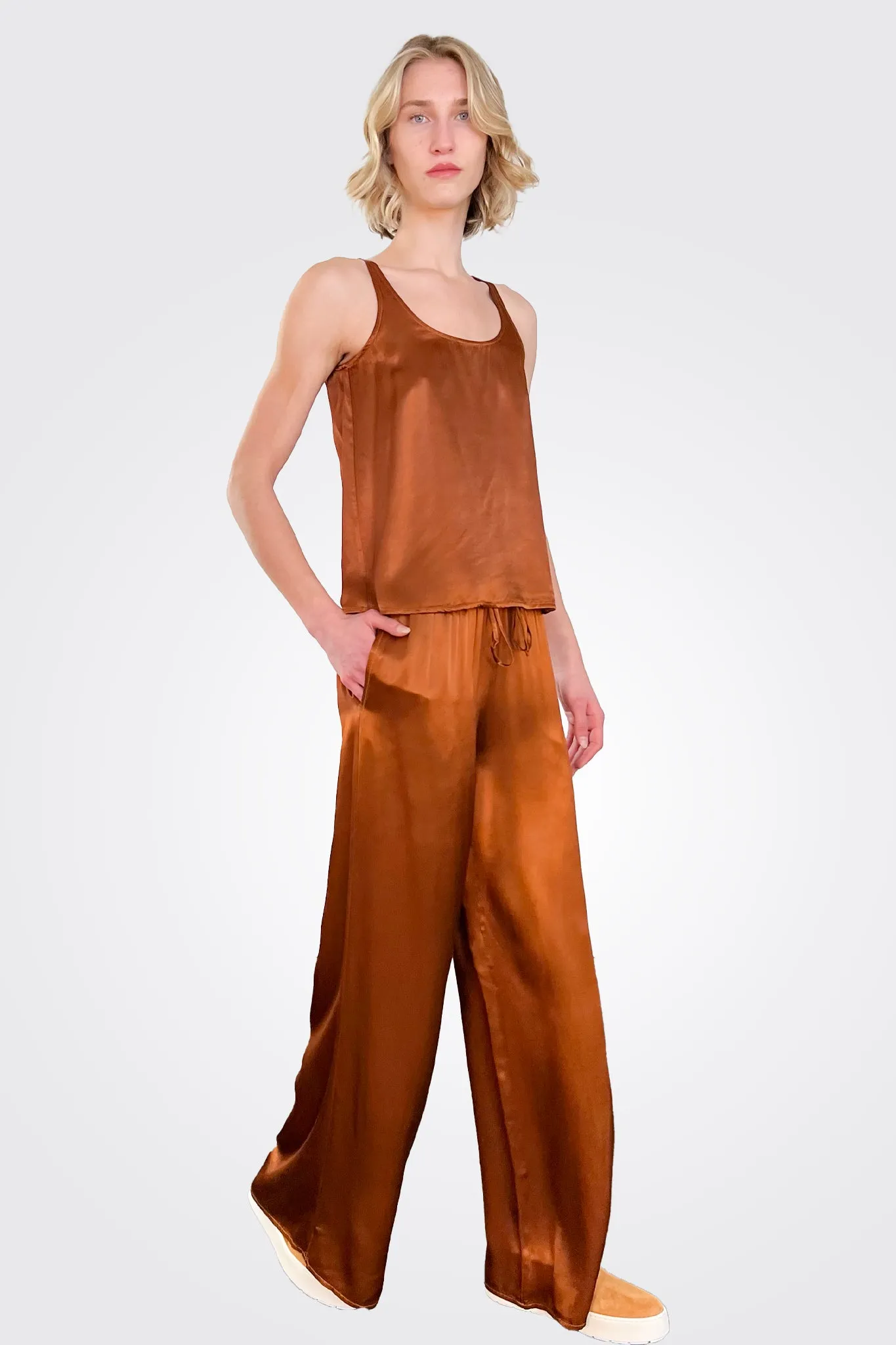 Silky Wide Leg Pants - Brown