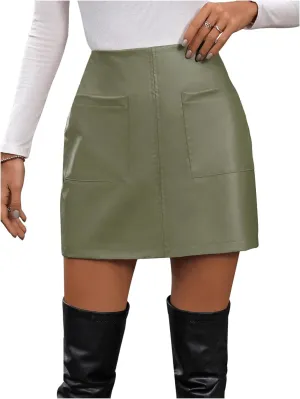 SweatyRocks Women's PU Leather Short Skirts High Waist A Line Mini Skirts with Pocket