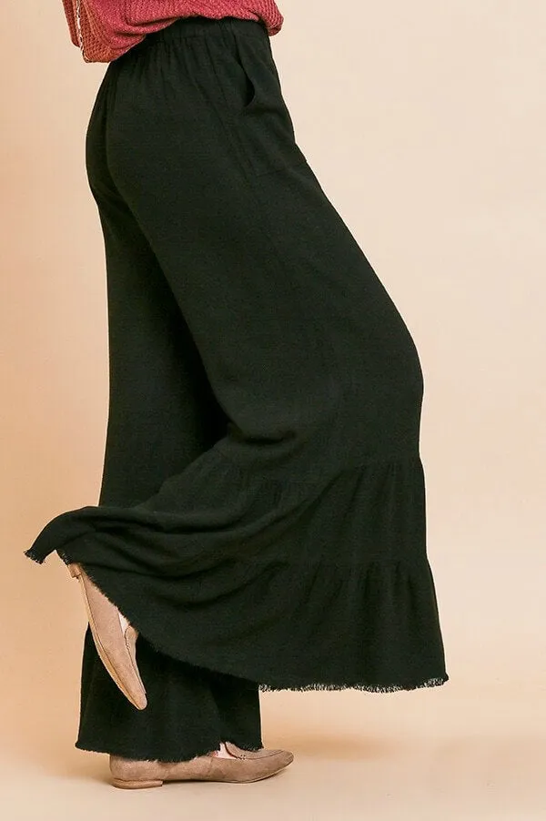 Umgee Black Wide Leg Ruffle Pants