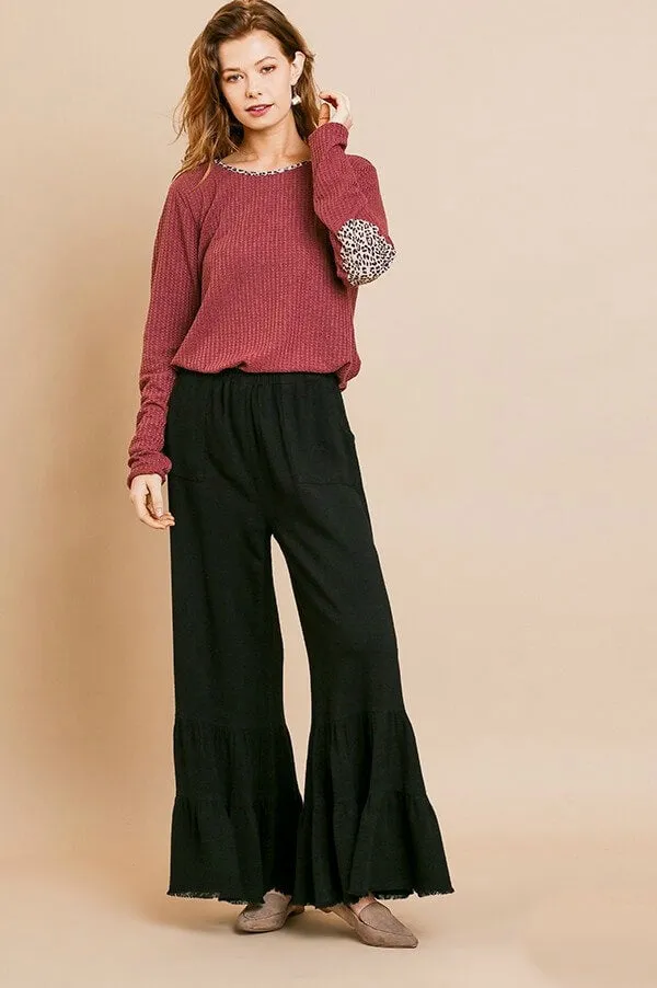 Umgee Black Wide Leg Ruffle Pants