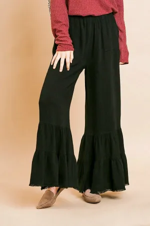 Umgee Black Wide Leg Ruffle Pants