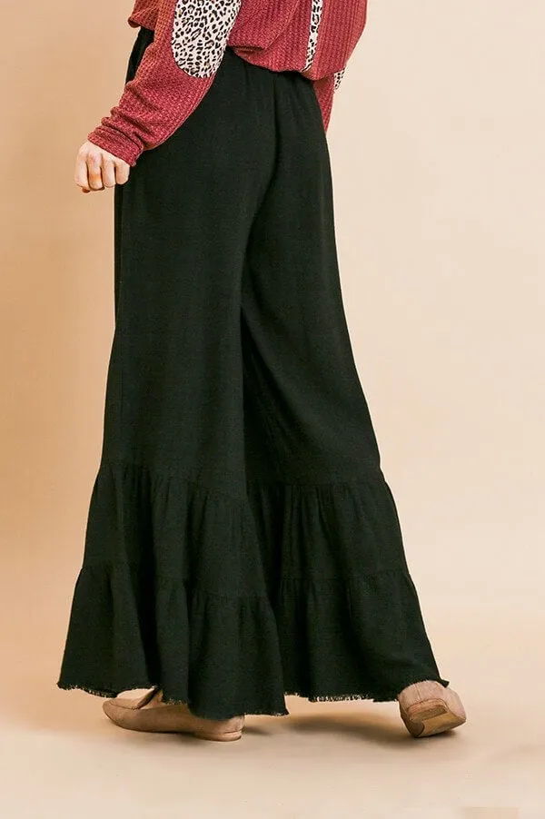 Umgee Black Wide Leg Ruffle Pants