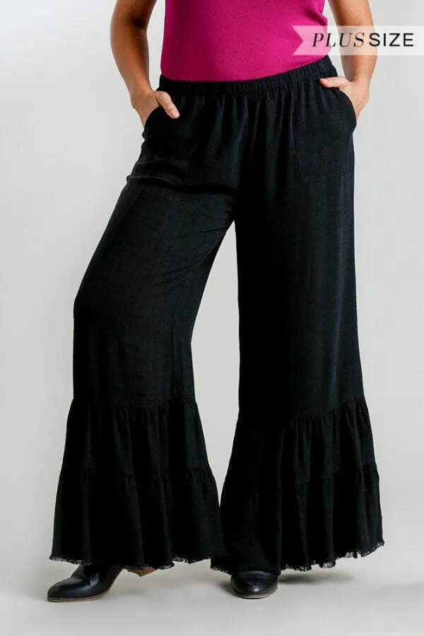 Umgee Black Wide Leg Ruffle Pants