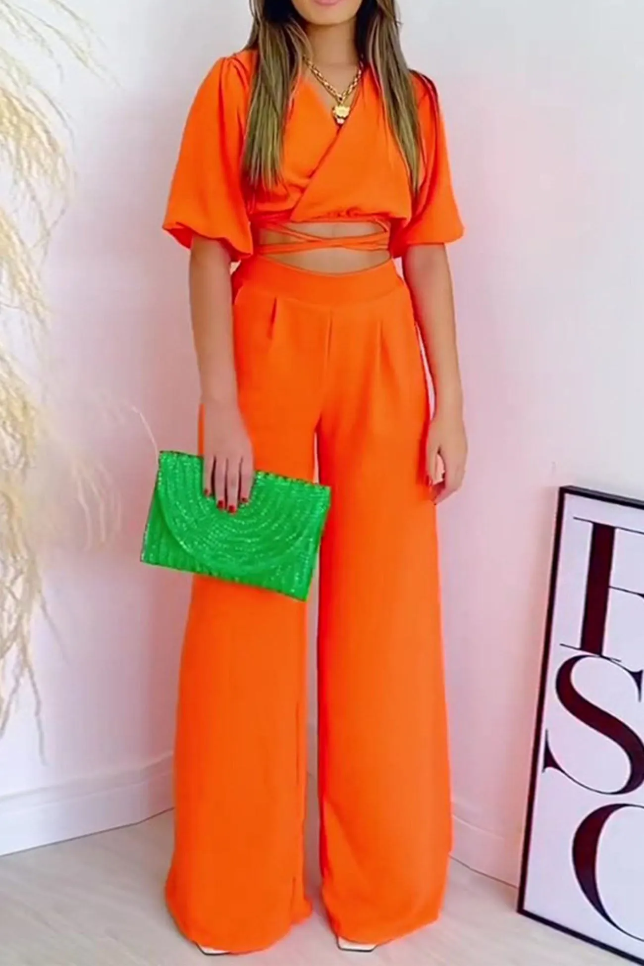 V Neck Waist-Tie Wide Leg Pants Set