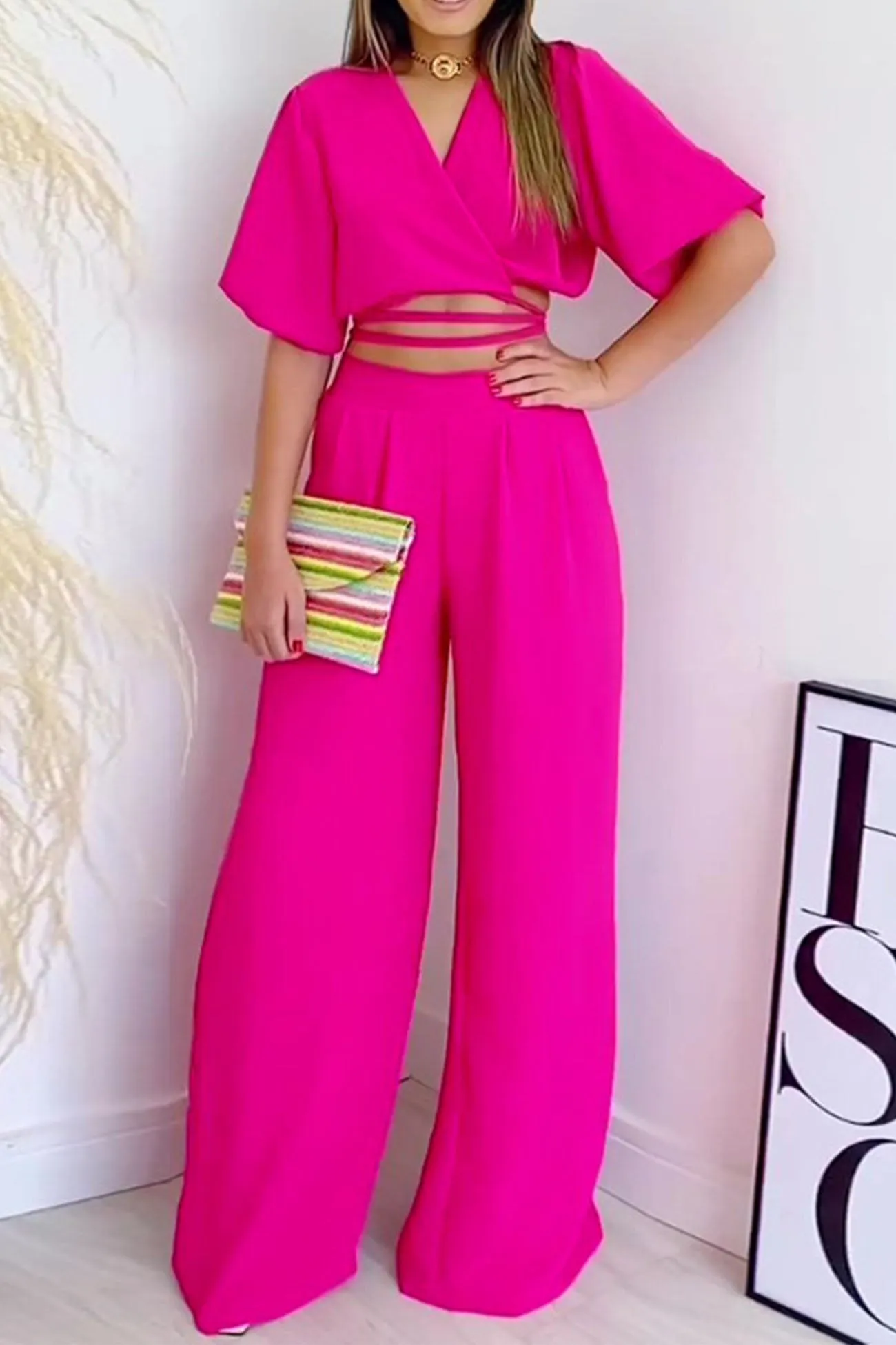 V Neck Waist-Tie Wide Leg Pants Set