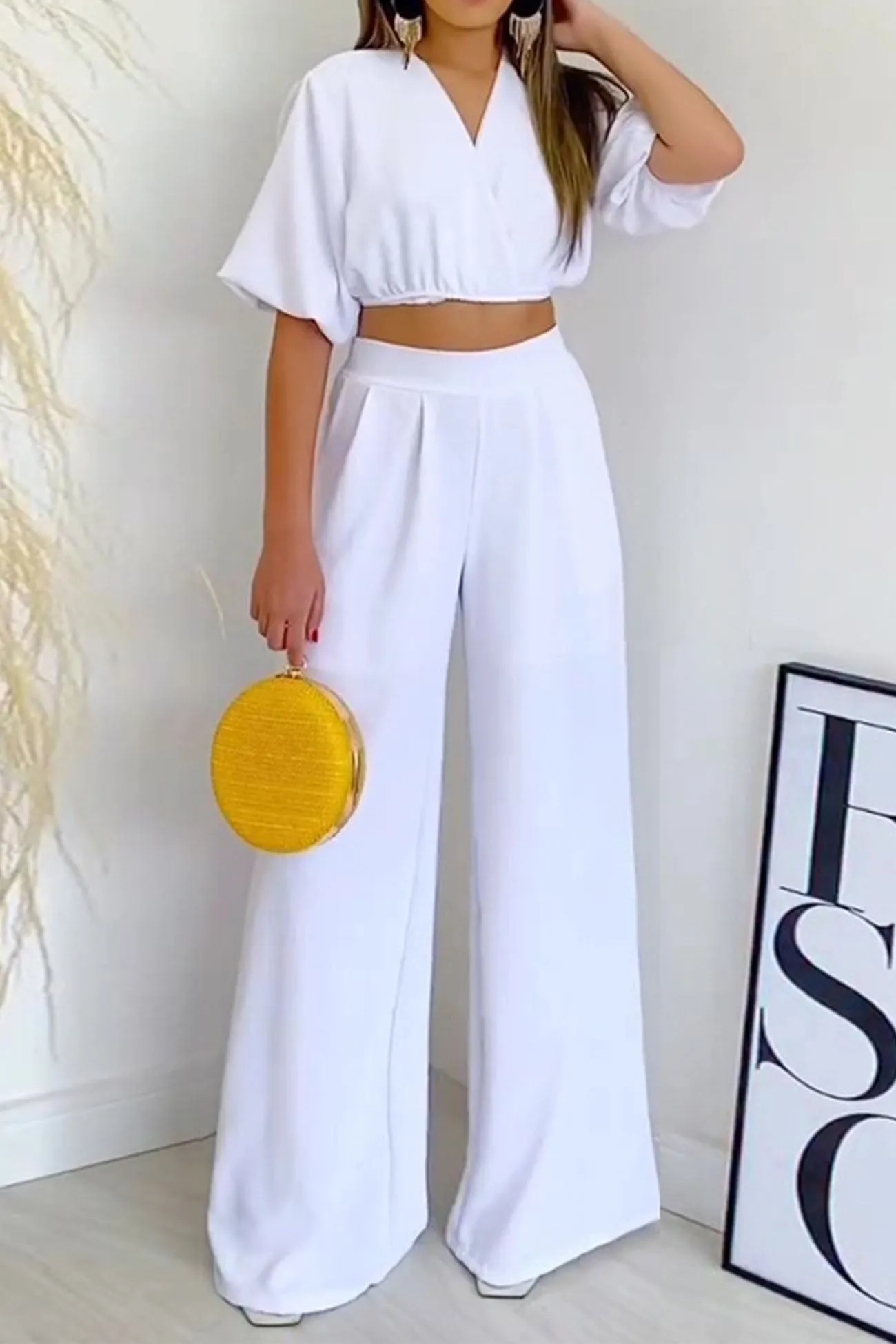 V Neck Waist-Tie Wide Leg Pants Set