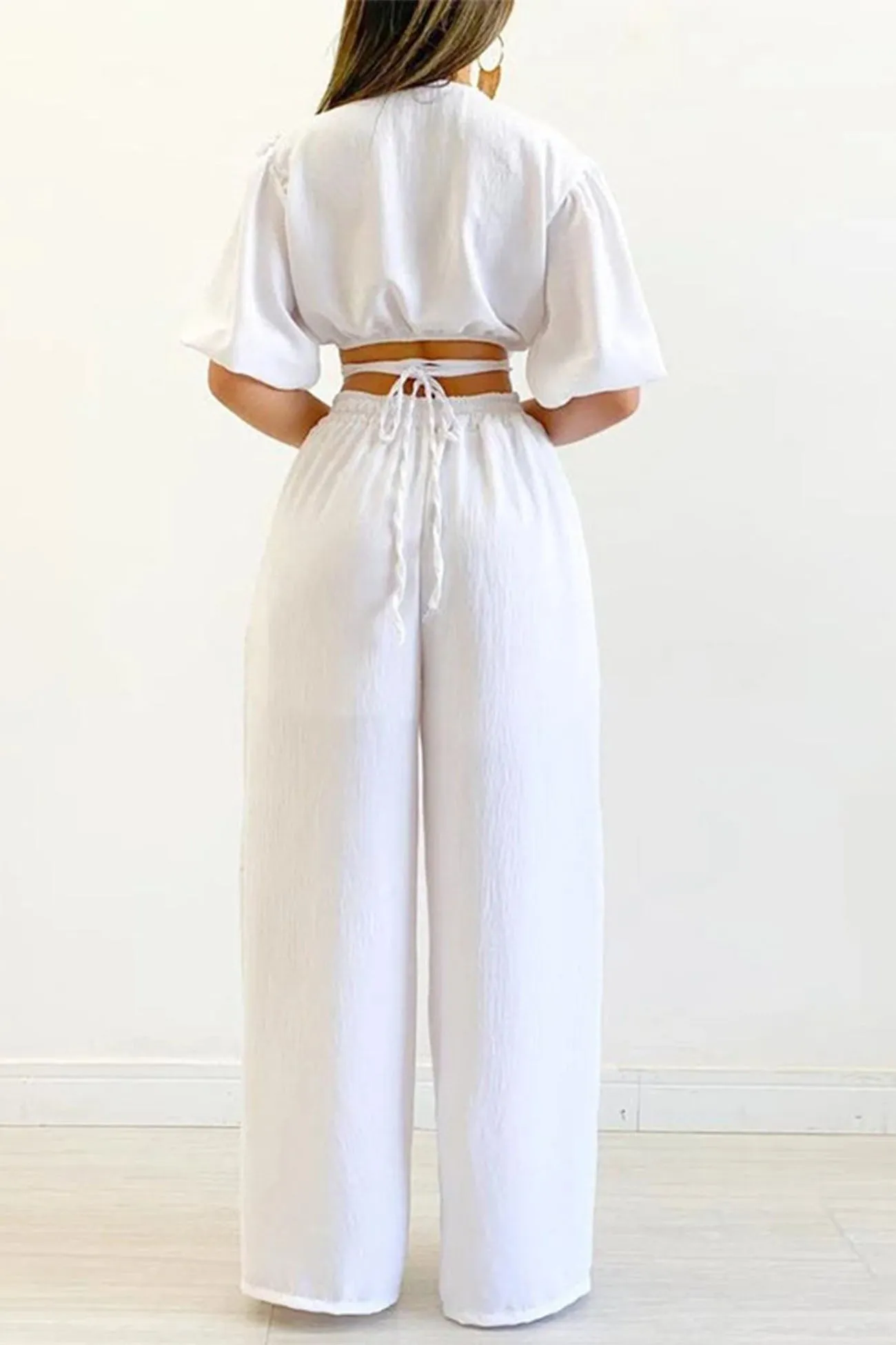 V Neck Waist-Tie Wide Leg Pants Set
